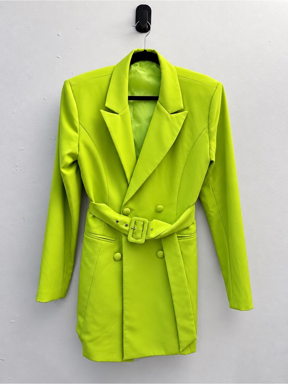 Neon Lime Green Belted Double-Breasted Blazer Coat